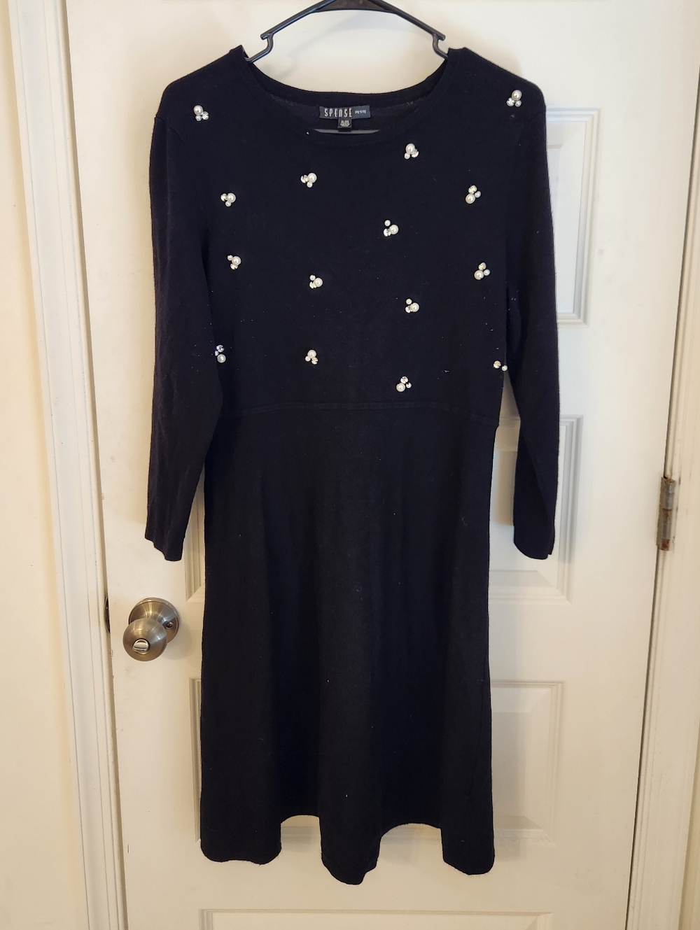 Womens Black Long Sleeve Pearl Beaded Dress Spense Size Petite L Midi #H1269